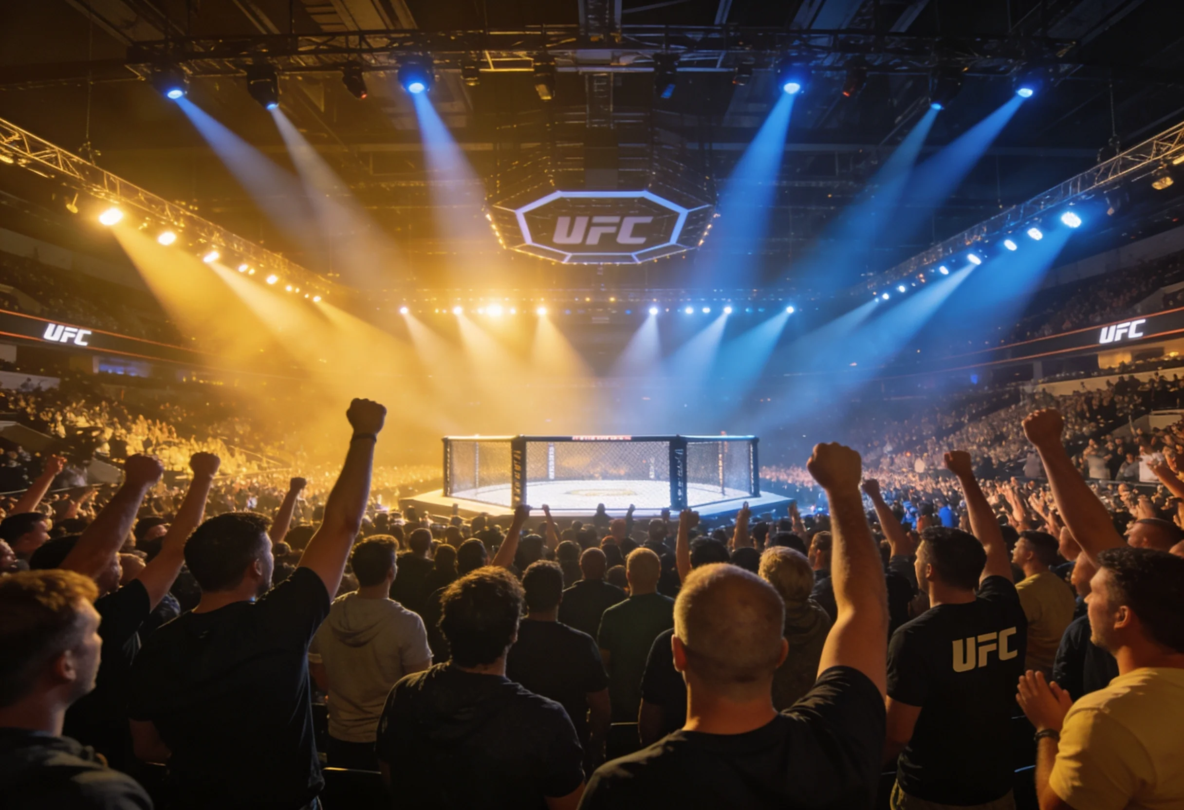 Packed arena crowd at a UFC event with fans watching the octagon