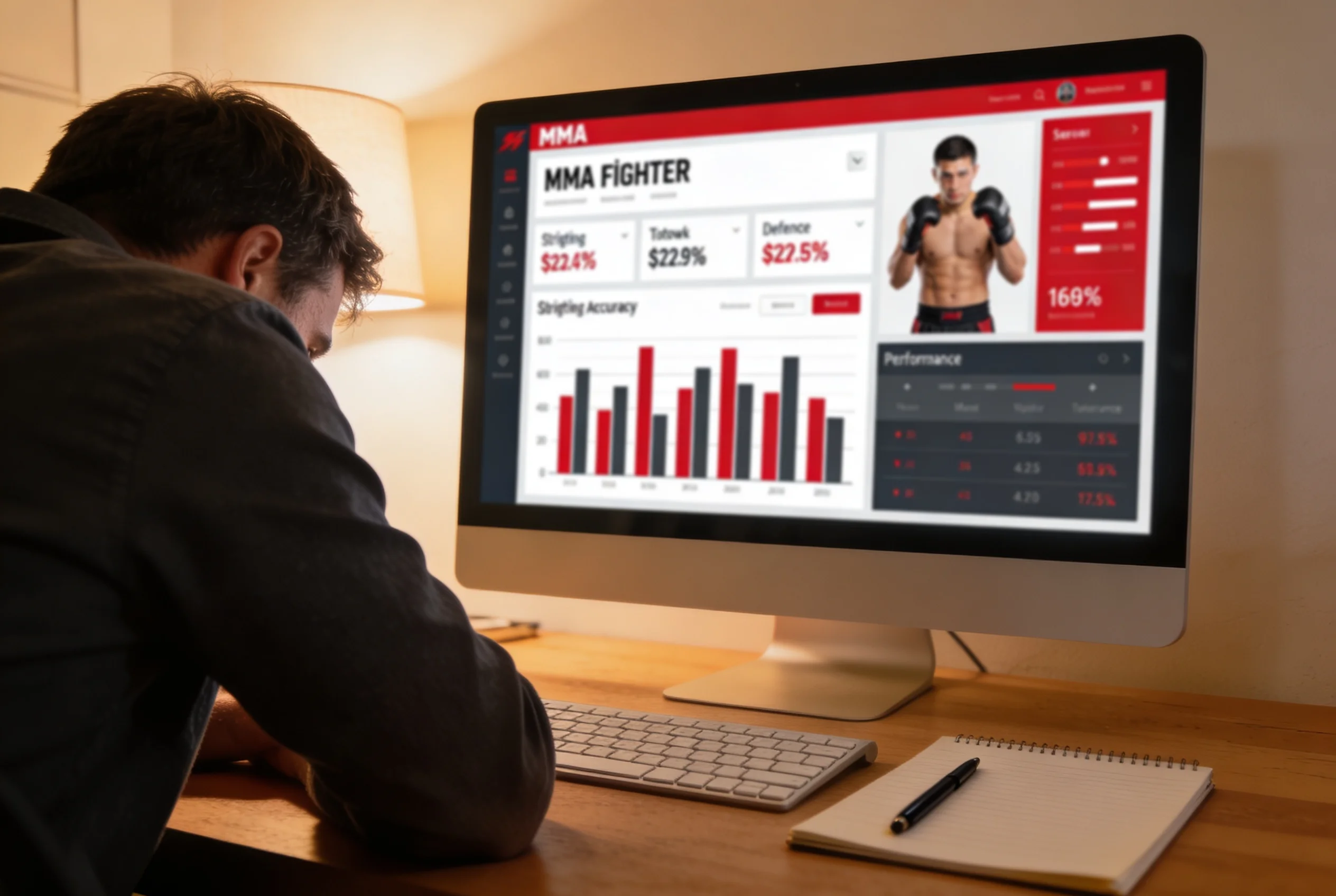 MMA analyst reviewing fighter striking and grappling statistics on screen